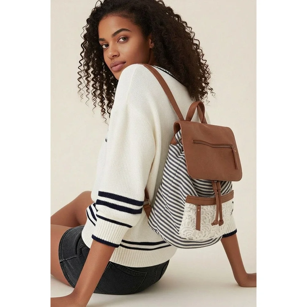 Madden Girl Striped Canvas Backpack Blue White Lace Brown Faux‎ Leather Boho Bag